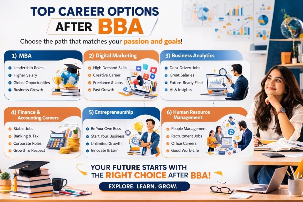 Top Career Options After BBA​1)MBA 2) Digital Marketing​3) Business Analytics 4) Finance and Accounting Careers 5) Entrepreneurship 6) Human Resource Management