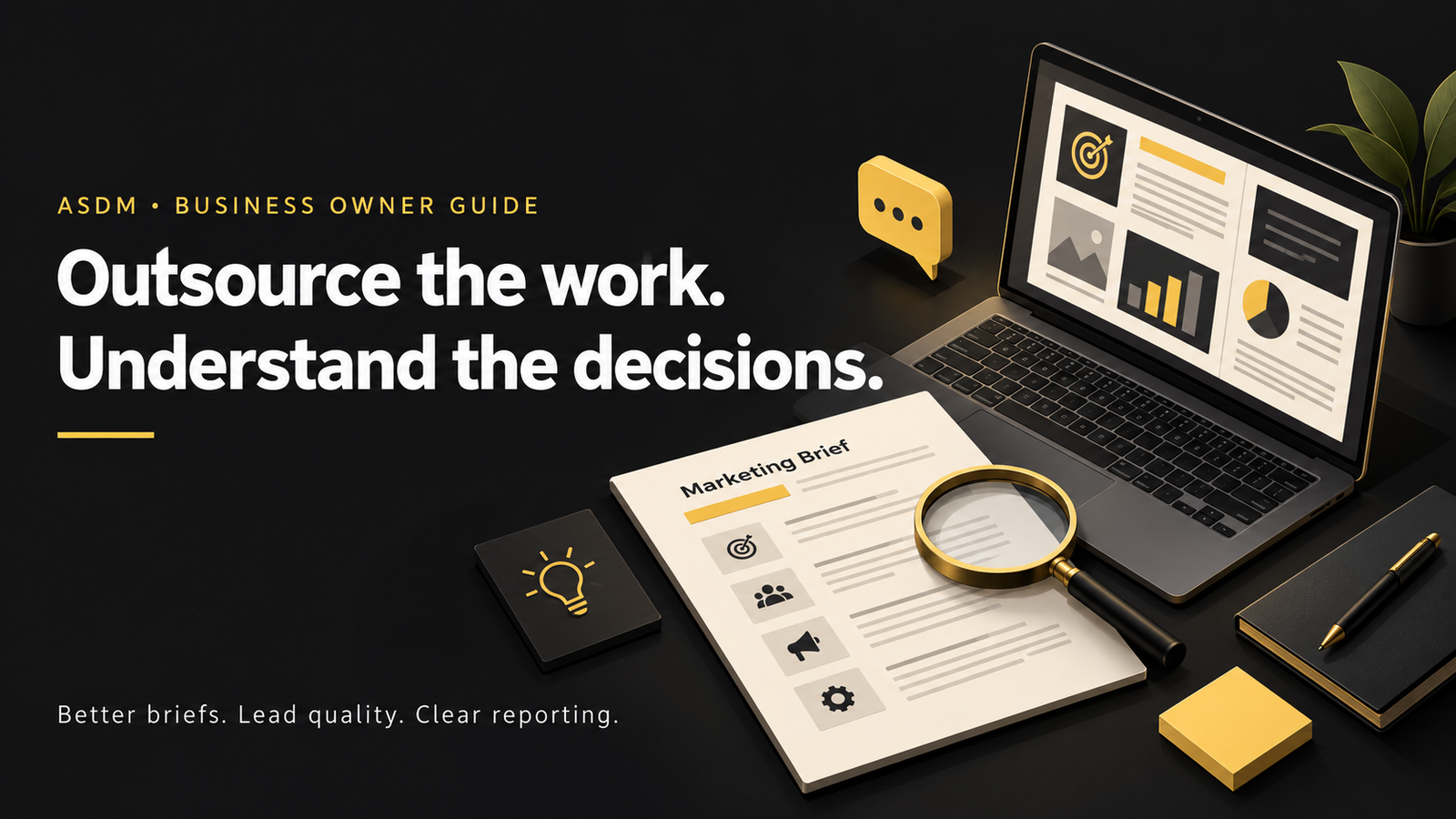 Marketing brief and report illustration for business owners reviewing outsourced marketing.