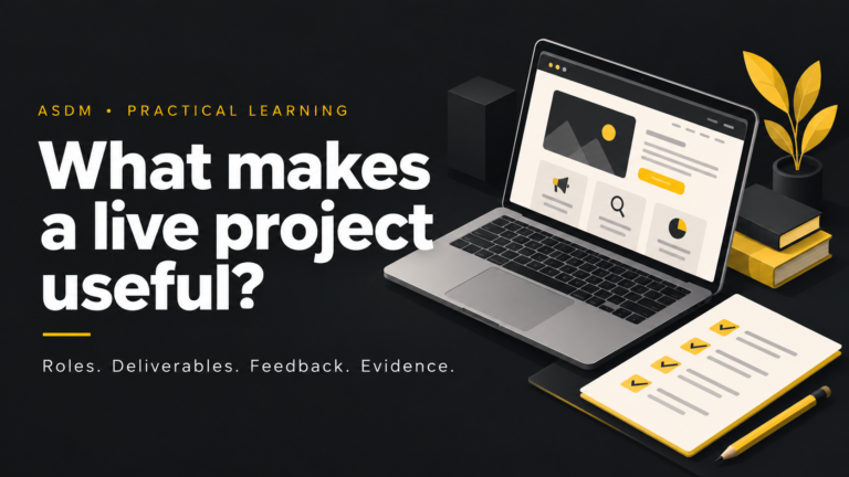 Live-project learning checklist covering roles, deliverables, feedback and evidence.