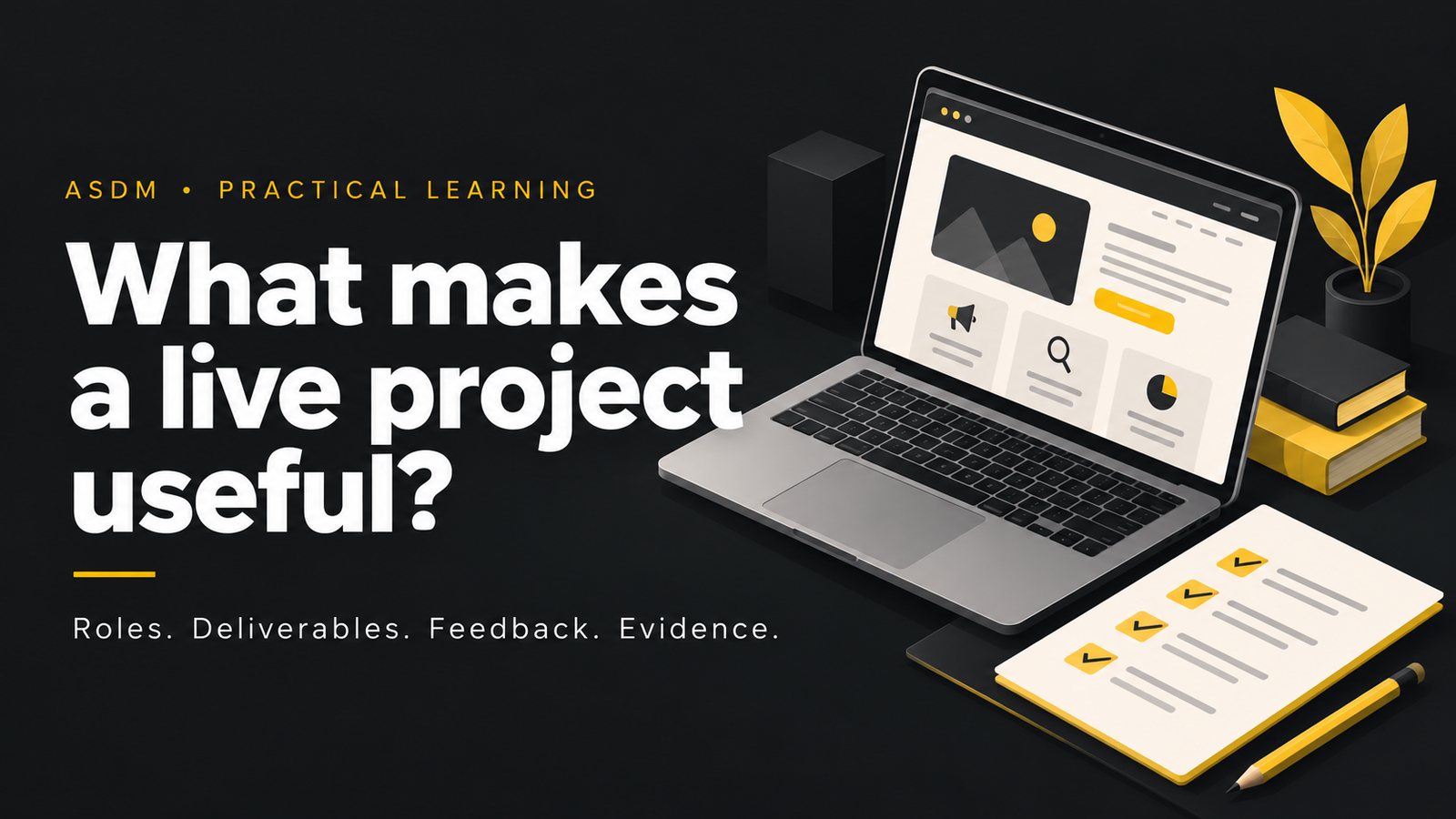 Live-project learning checklist covering roles, deliverables, feedback and evidence.