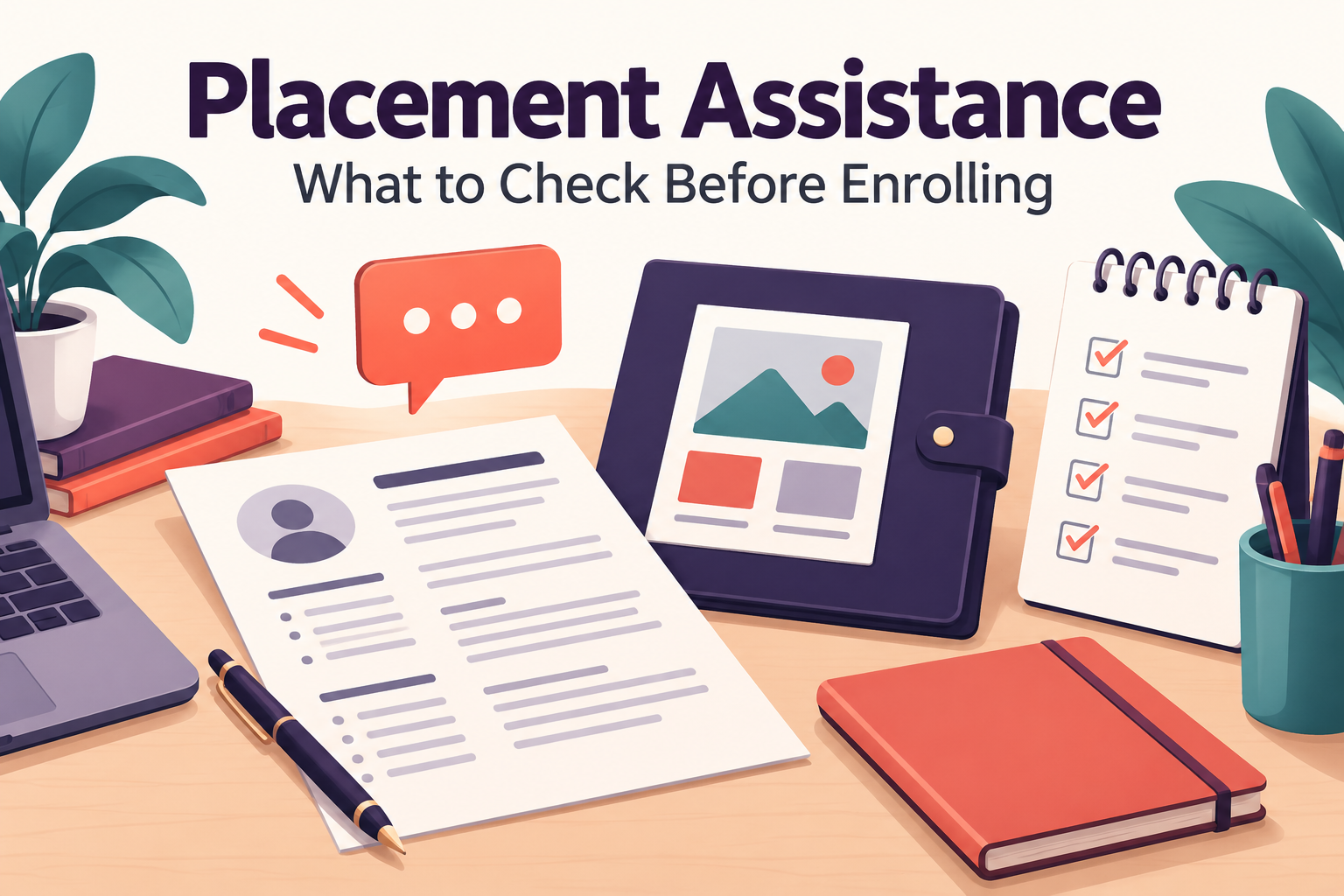 Illustration of a resume, portfolio and interview-preparation checklist for evaluating placement assistance